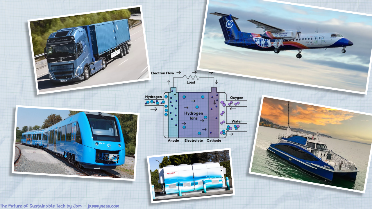 Collage of photos representing different applications for hydrogen fuel cell technologies including buses and trains, stationary power, ferries and planes.
