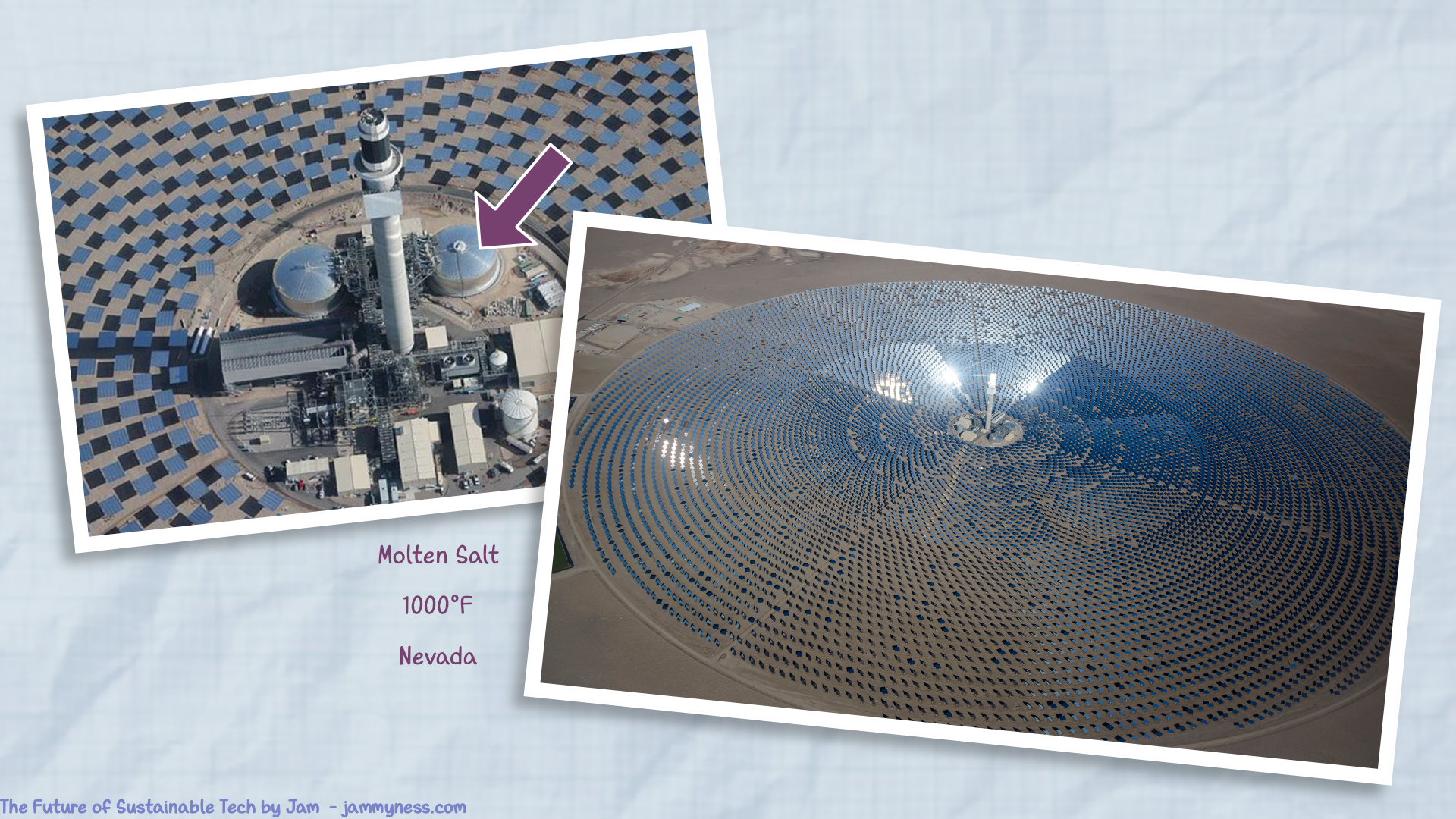 Collage of photos of a solar concentrator in Nevada (linked below).
